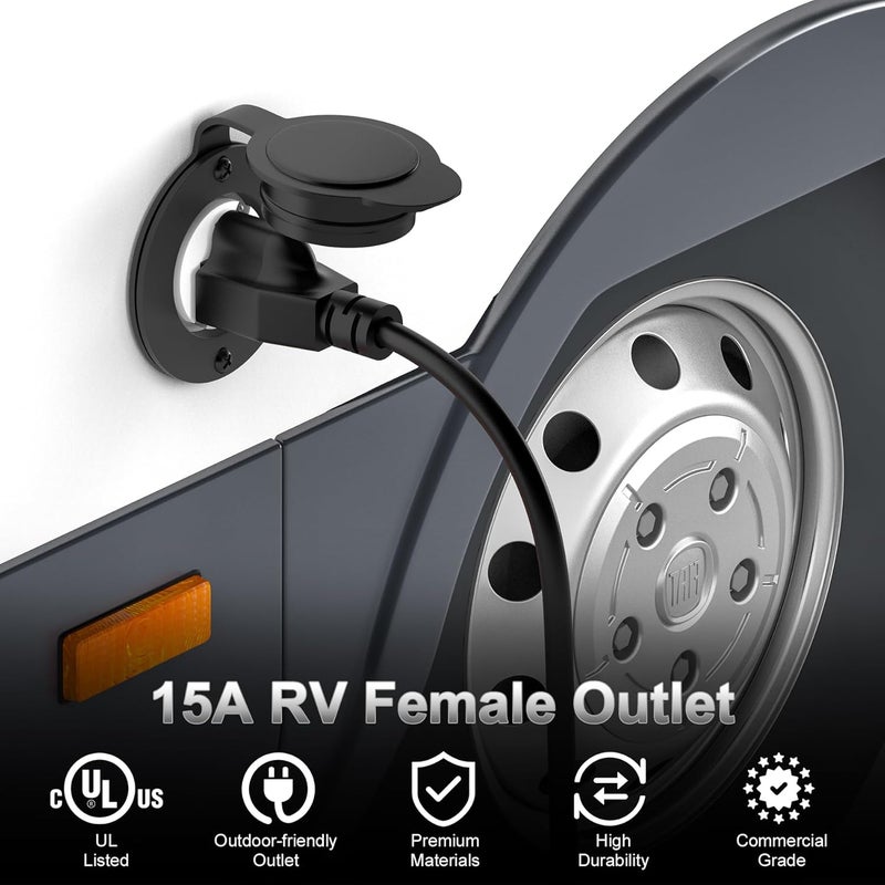 HYDUUU Flanged Outlet NEMA 5-15R - 110V/120V, 15 Amps Single Round Female Plug Receptacle, Weather Resistant, Flush Mount Inlet for RV, Camper, Marine, Truck Bed, Golf Cart, Indoor/Outdoor Use, UL Listed - Image 4